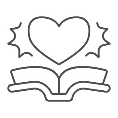 Açık kitap, kalp çizgisi ikonu, çocuk kitabı konsepti, beyaz arka planda gemi vektör işareti, kitap, mobil konsept ve web tasarımı için kalp taslağı tarzı olan aşk hikayesi. Vektör grafikleri.