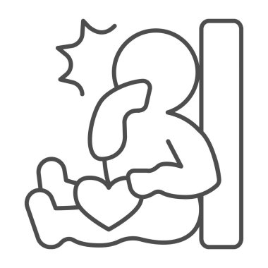 İnce çizgi ikonu olan bebek, çocuk kitabı günü konsepti, beyaz arka planda kitap vektörü tabelalarının yanında oturan bebek, mobil konsept ve web tasarımı için bebek ve kalp taslağı tarzı. Vektör grafikleri.