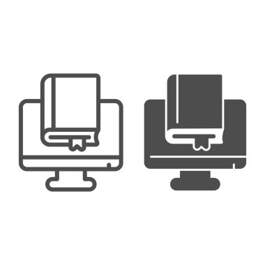 E-kitap, monitör hattı ve sağlam ikon, çocuk kitabı günü konsepti, beyaz arka planda monoblock vektör işareti, mobil konsept ve web tasarımı için ana hatlar biçimi. Vektör grafikleri.