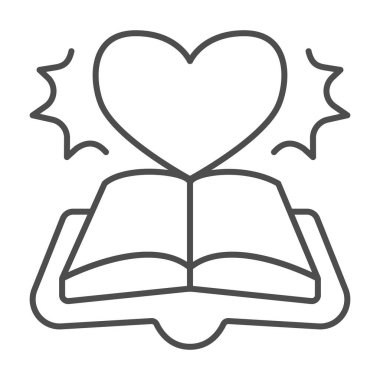 Açık çizgi roman ikonu, çocuklar için kitap günü konsepti, beyaz arkaplan, kalp, mobil konsept ve web tasarımı için yeni taslak tarzı üzerinde kitap ve roman vektör işareti. Vektör grafikleri.