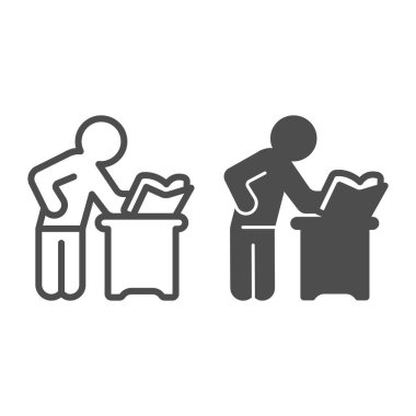 Masa başında duran adam ve sağlam ikon, çocuk kitabı günü konsepti, beyaz arka planda erkek okuma vektör işareti, mobil konsept ve web tasarımı için kitap özeti tarzı okuyan adam. Vektör grafikleri.