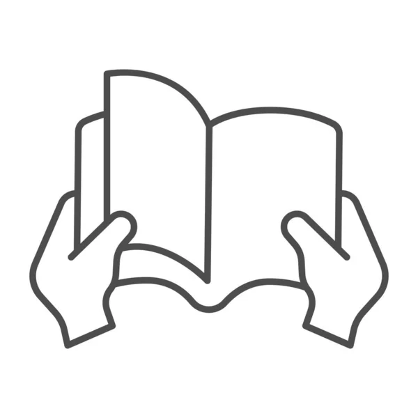 手書きの細い線のアイコン、子供の本の日の概念、白い背景の手のベクトル記号のページを持つ本は、モバイルの概念とウェブデザインのための本のアウトラインスタイルを保持します。ベクトルグラフィックス. — ストックベクタ