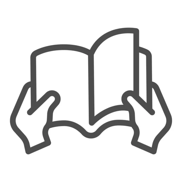 Libro con el icono de la línea de la página en la mano, concepto del día del libro de los niños, signo del vector de la página en la mano en el fondo blanco, mantenga el estilo del esquema del libro para el concepto móvil y el diseño web. Gráficos vectoriales. — Archivo Imágenes Vectoriales