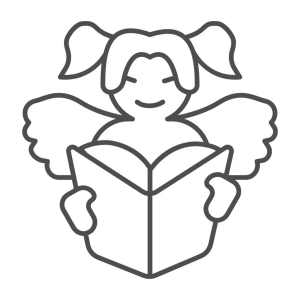 Angel kind leest boek dunne lijn pictogram, kinderen boek dag concept, engel vleugels vector teken op witte achtergrond, kind lezen outline stijl voor mobiel concept en web design. vectorgrafieken. — Stockvector