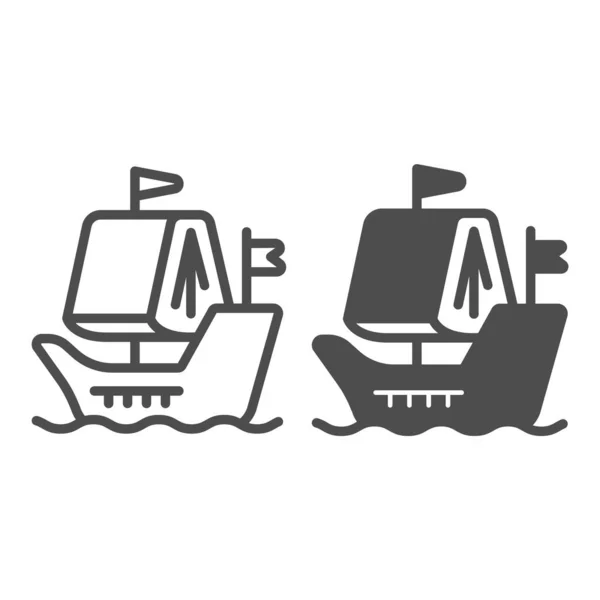 Ship on water line och fast ikon, barn boka dag koncept, boka segel vektor tecken på vit bakgrund, fartyg på vatten kontur stil för mobila koncept och webbdesign. Vektorgrafik. — Stock vektor