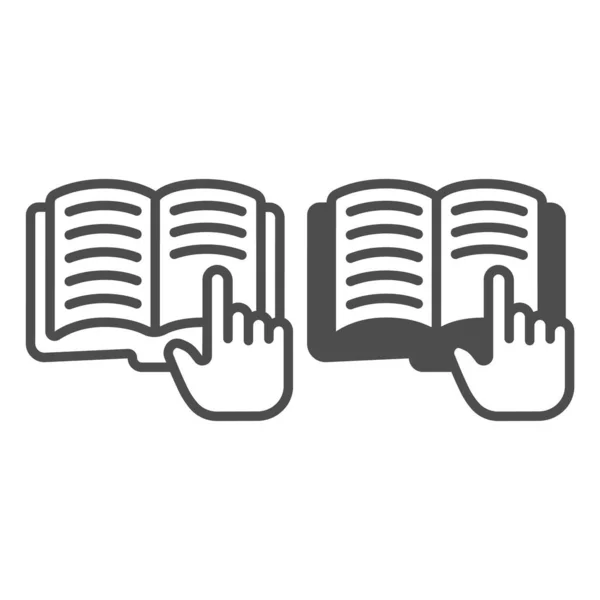 Рука с указательным пальцем на книжную линию и твердую иконку, концепция детского книжного дня, открытый векторный знак книги на белом фоне, стиль контура указательного пальца для мобильной концепции и веб-дизайна. Векторная графика. — стоковый вектор