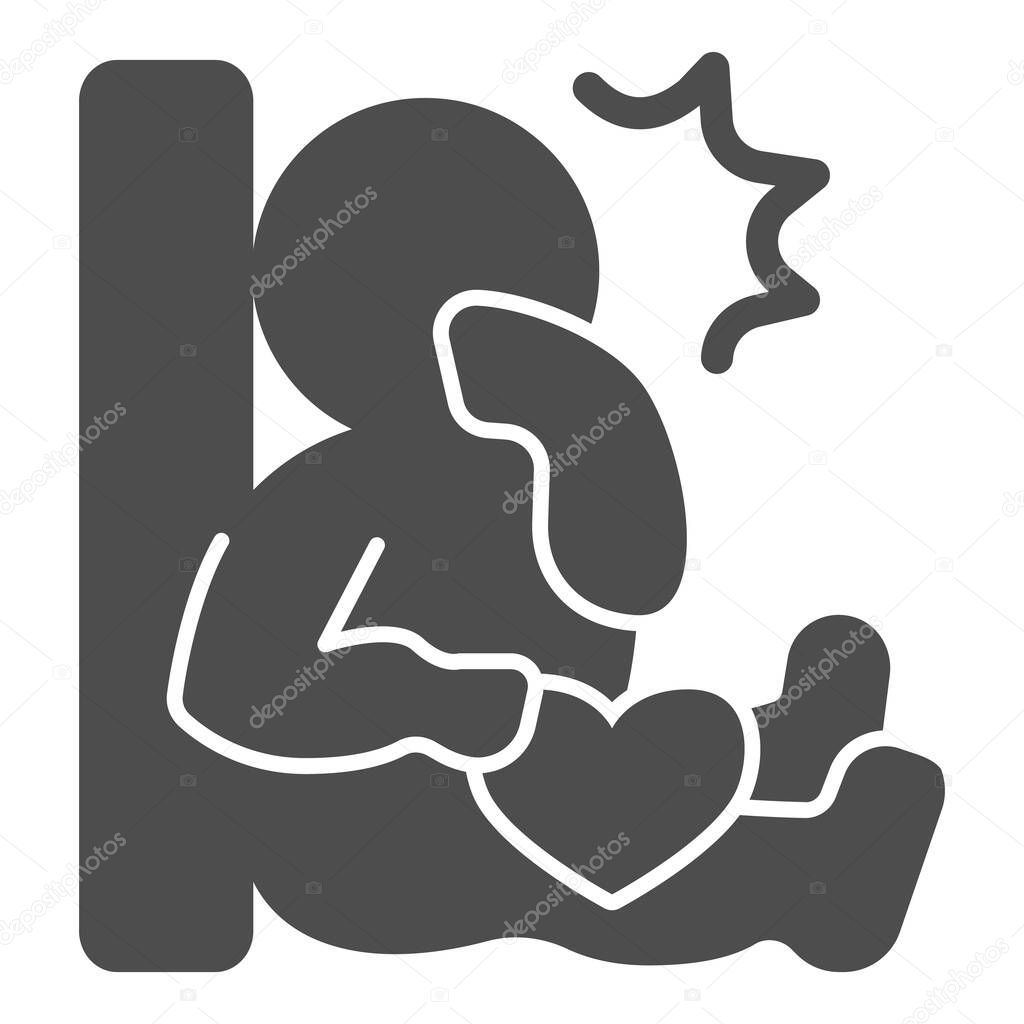 Baby with book solid icon, children book day concept, baby sitting near book vector sign on white background, baby and heart glyph style for mobile concept and web design. Vector graphics.