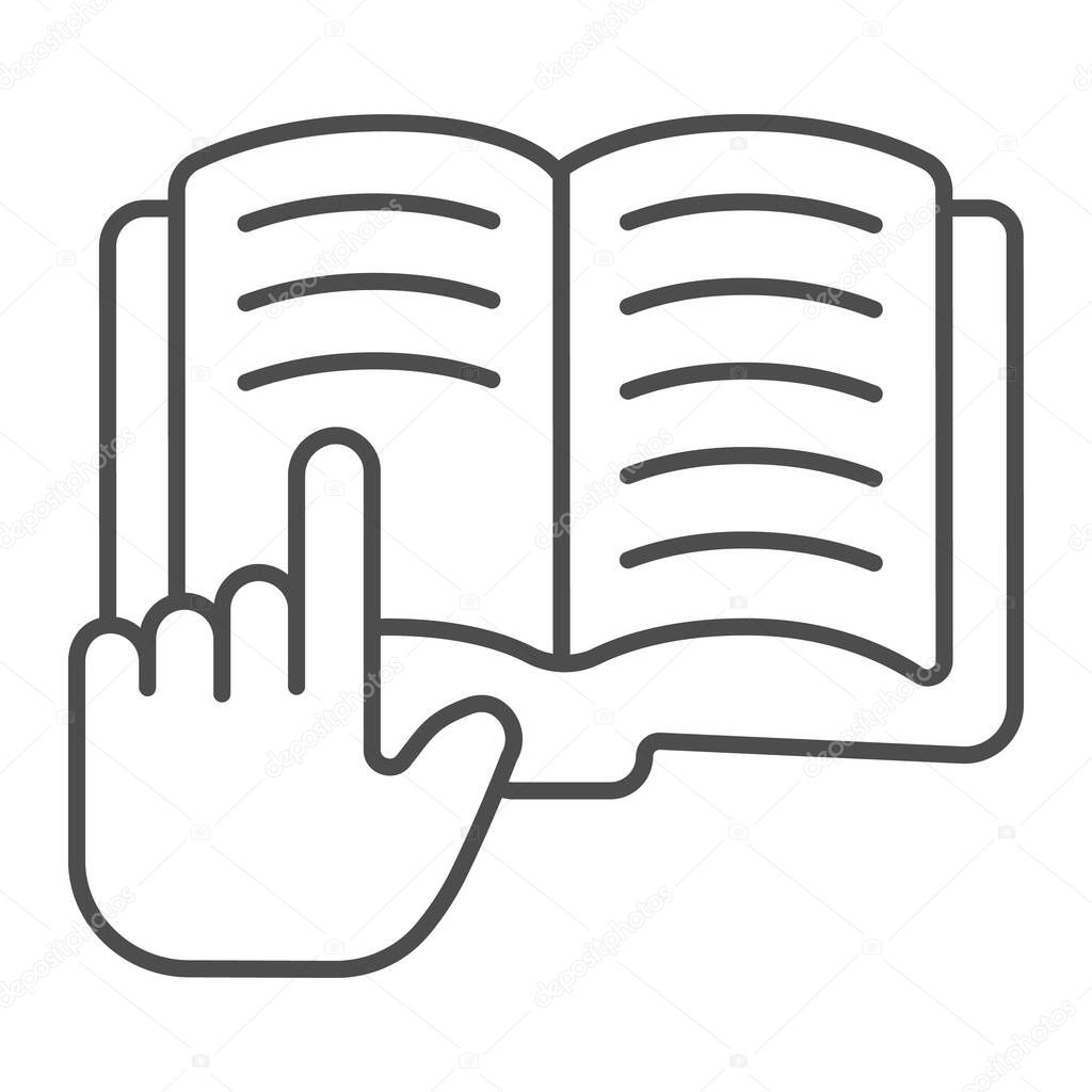 Hand with forefinger on book thin line icon, children book day concept, open book vector sign on white background, forefinger outline style for mobile concept and web design. Vector graphics.