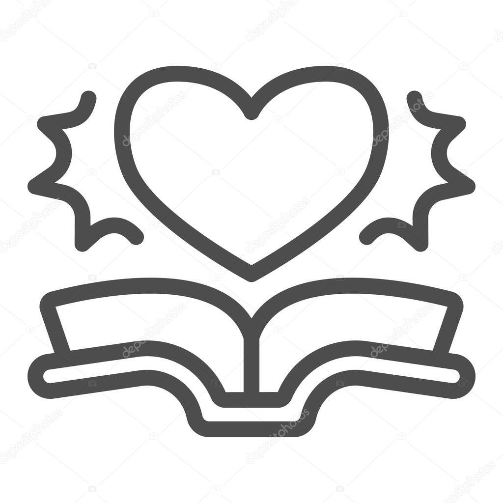 Open book, heart line icon, children book day concept, love story with ship vector sign on white background, book, heart outline style for mobile concept and web design. Vector graphics.