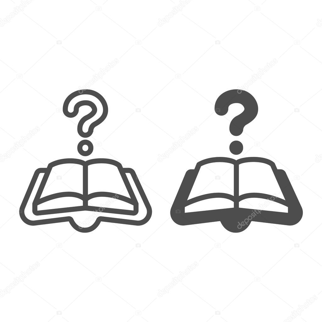 Open book, question line and solid icon, children book day concept, question mark vector sign on white background, open book outline style for mobile concept and web design. Vector graphics.