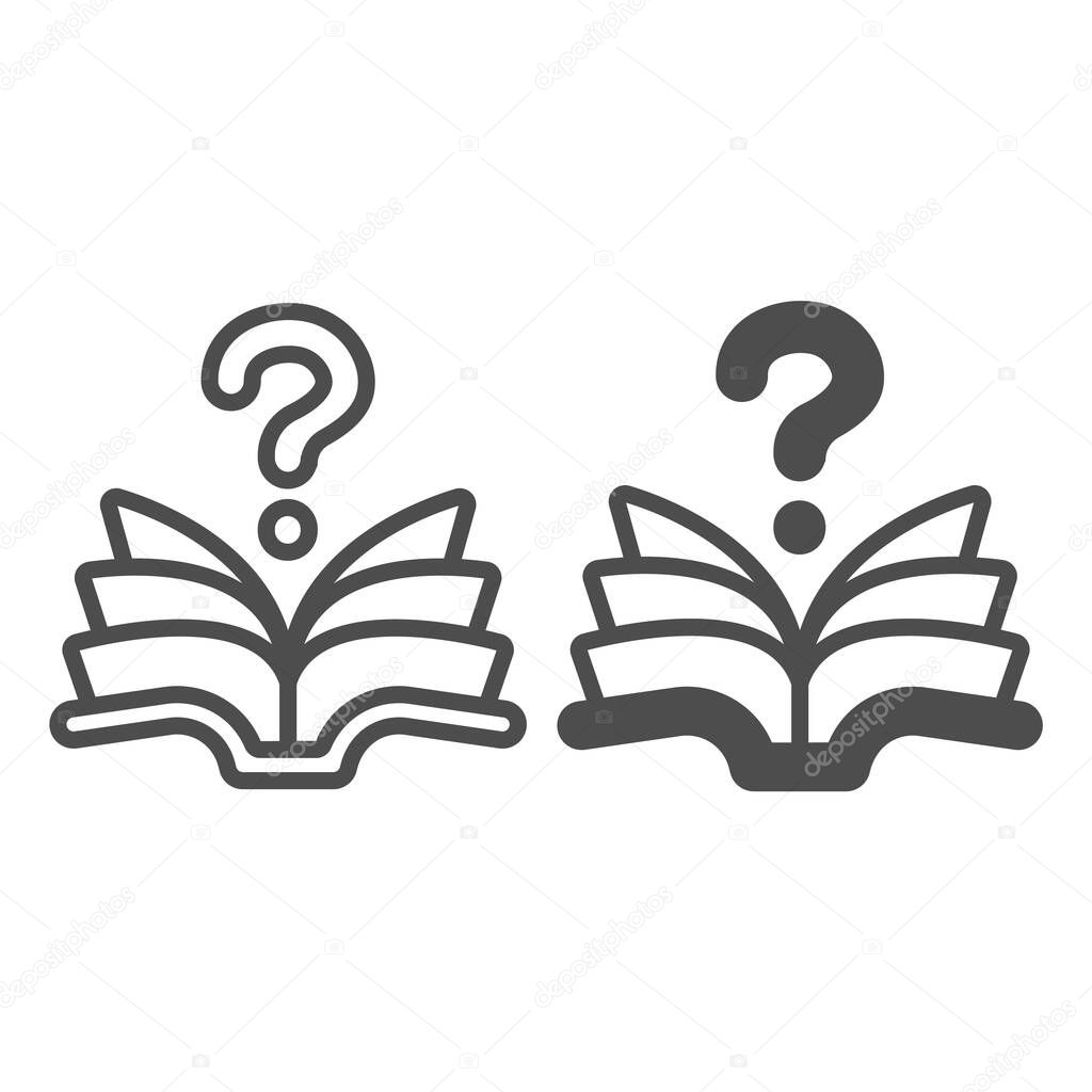 Open book with pages, question line and solid icon, children book day concept, flipping pages vector sign on white background, book outline style for mobile concept and web design. Vector graphics.