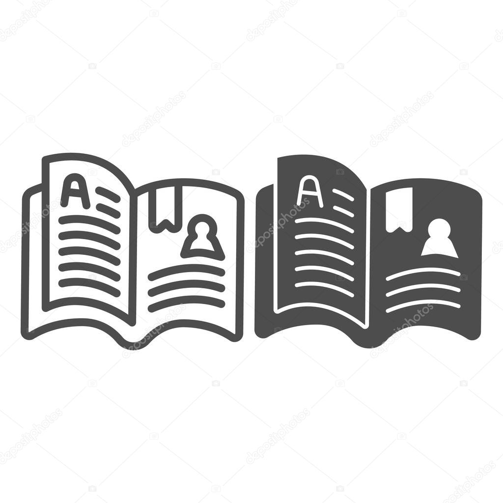 Magazine with pages line and solid icon, children book day concept, book fairy tale vector sign on white background, magazine outline style for mobile concept and web design. Vector graphics.