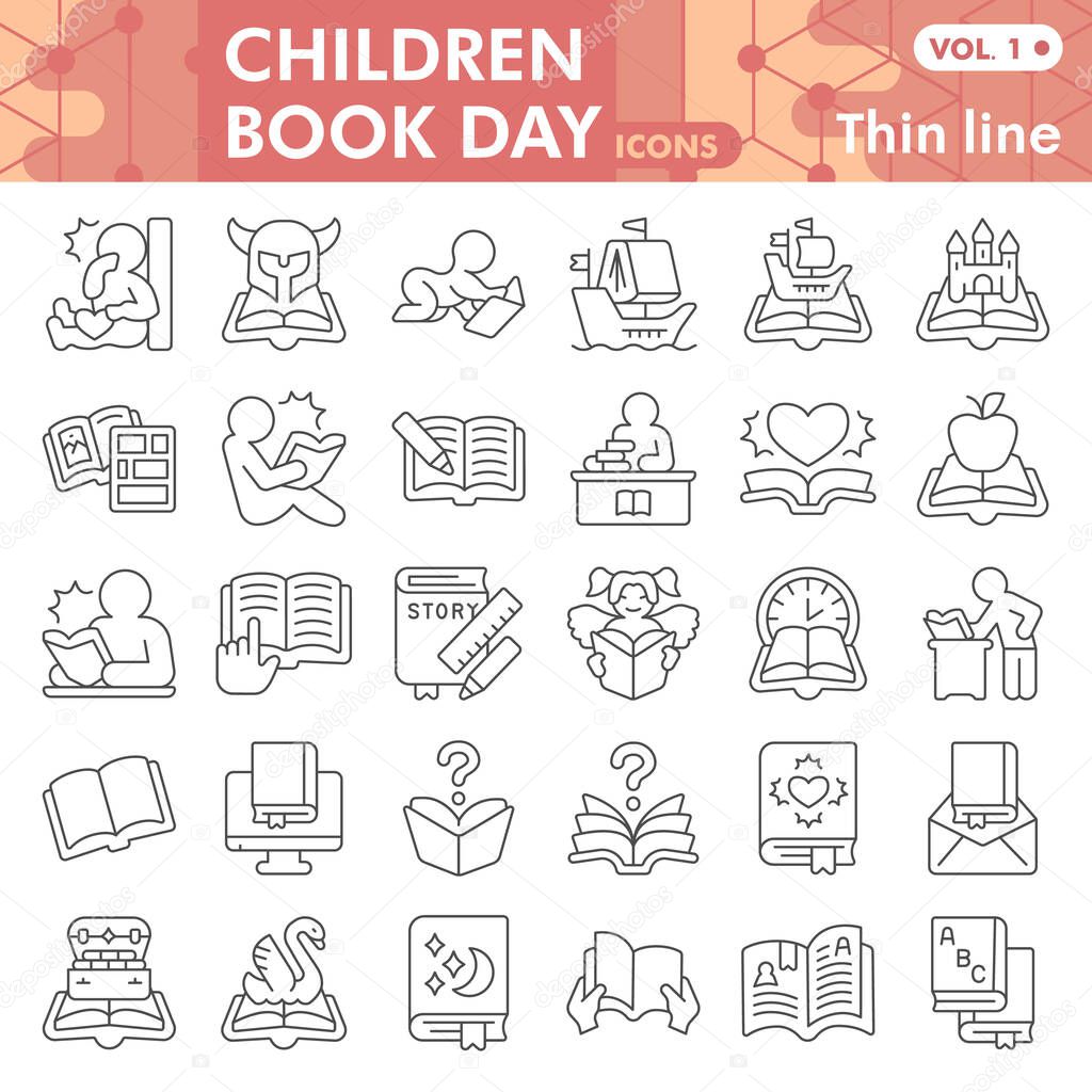 Children book day thin line icon set, book symbols collection or sketches. Celebration of Children book day linear style signs for web and app. Vector graphics isolated on white background.