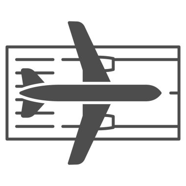 Pistteki uçak katı ikon, havayolu konsepti, beyaz arka planda pist vektör işareti, mobil konsept ve web tasarımı için pist glifinde uçak. Vektör grafikleri.