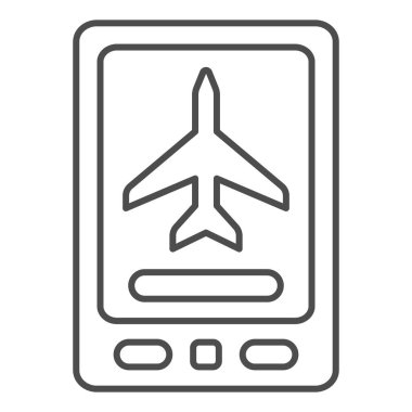 Akıllı telefon ince hat simgesi, havayolu konsepti, beyaz arka planda mobil rezervasyon vektör tabelası, mobil tasarım ve konsept için mobil rezervasyon tasarımı tarzı uçuş rezervasyonları. Vektör grafikleri.