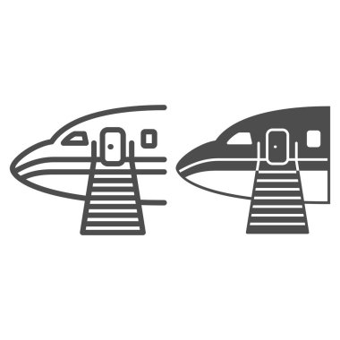 Uçak merdiveni hattı ve katı ikon, havayolu konsepti, beyaz arka planda uçak merdiveni vektör tabelası, mobil konsept ve web tasarımı için merdiven ana hatları tarzı. Vektör grafikleri.