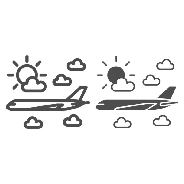 Avión vuela en la línea de nubes e icono sólido, concepto de líneas aéreas, plano en nubes signo vectorial sobre fondo blanco, plano, nubes estilo de contorno para el concepto móvil y diseño web. Gráficos vectoriales. — Vector de stock