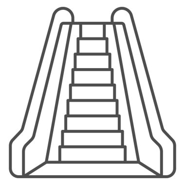 Yürüyen merdivenler, ince çizgi ikonu, havayolu konsepti, beyaz arka planda havaalanı yürüyen merdiven vektör tabelası, mobil konsept ve web tasarımı için yürüyen merdiven kontrol ana hatları tarzı. Vektör grafikleri.