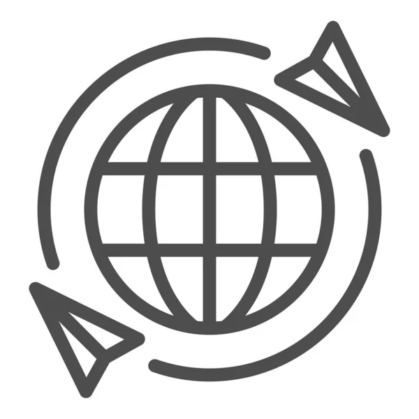 Globe icona linea aereo di viaggio, concetto di compagnie aeree, viaggiare intorno segno vettore mondo su sfondo bianco, aereo intorno stile contorno globo per concetto mobile e web design. Grafica vettoriale. — Vettoriale Stock