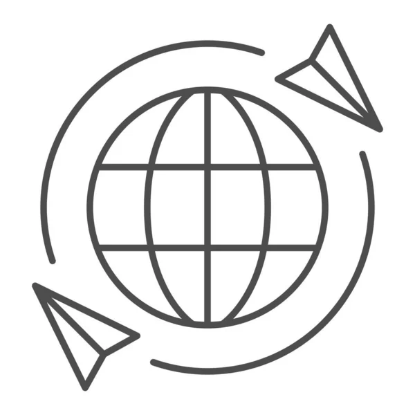 Globe aereo da viaggio sottile icona linea, concetto di linee aeree, viaggiare intorno segno vettore mondo su sfondo bianco, aereo intorno stile contorno globo per concetto mobile e web design. Grafica vettoriale. — Vettoriale Stock