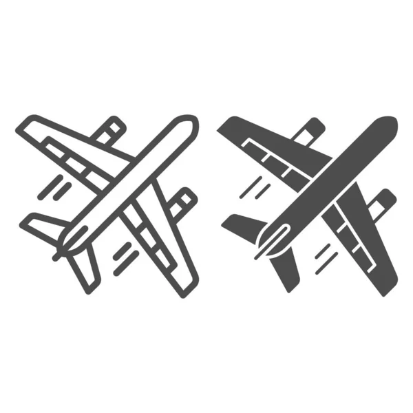 Flugzeug Fluglinie und solides Symbol, Konzept der Fluggesellschaften, Flugzeug in Flugvektorzeichen auf weißem Hintergrund, fliegende Umrisse Stil für mobiles Konzept und Web-Design. Vektorgrafik. — Stockvektor