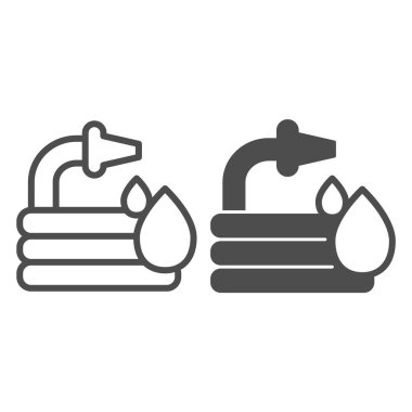 Su ve damlalar için hortum ve katı ikon, araba yıkama konsepti, beyaz arka planda sprey tabanca tabelası, mobil ve web tasarımı için ana hatlarda su damlası ikonu olan yangın hortumu. Vektör grafikleri.