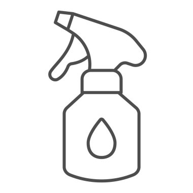 Deterjan ince çizgi ikonuna sahip Aerosol, araba yıkama konsepti, beyaz arka planda temizlik ürünleri tabelası, mobil ve web tasarımı için ana hatlı sprey şişe ikonu. Vektör grafikleri.