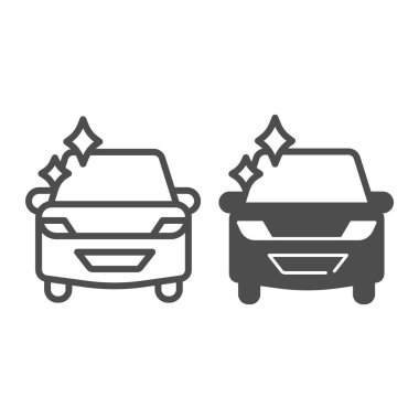 Temiz, parlak araba çizgisi, sağlam bir ikon, araba yıkama konsepti, beyaz arka planda araba yıkama tabelası, mobil ve web tasarımı için tasarım tarzında dezenfekte edilmiş araç ikonu. Vektör grafikleri.