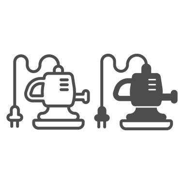 Araba cilalama makinesi hattı ve katı ikon, araba yıkama konsepti, beyaz arka planda güçlü elektrik hava üfleyici tabelası, bir ana gövde ve bir de ikonu olan Polisher. Vektör.