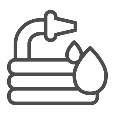 Su hortumu ve damlatma hattı ikonu, araba yıkama konsepti, beyaz arka planda sprey tabanca tabelası, mobil ve web tasarımı için ana hatları belirlenmiş su damlası ikonu olan yangın hortumu. Vektör grafikleri.