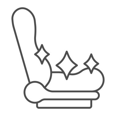 Temiz araba koltuğu, ince çizgi ikonu, araba yıkama konsepti, beyaz arka planda parlak araba koltuğu tabelası, mobil konsept ve web tasarımı için taslak şeklinde araç koltuğu temizleme ikonu. Vektör grafikleri.