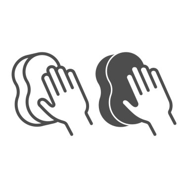 Temizlik süngeri ve el çizgisi ve katı ikon, araba yıkama konsepti, beyaz arka planda yüzey silme tabelası, mobil ve web tasarımı için taslak şeklinde sünger ikonu ile elle yıkama. Vektör grafikleri.