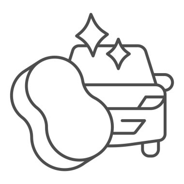 Temiz araba ve sünger ince çizgi ikonu, araba yıkama konsepti, beyaz arka planda araba yıkama sembolü, mobil ve web tasarımı için tasarım tarzında temizlik süngeri ve araç ikonu. Vektör grafikleri.