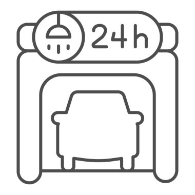 Araba yıkama tabelası, ince çizgi ikonu içinde araç, araba yıkama konsepti, beyaz arka planda garaj tabelası, araba yıkama giriş ikonu, mobil için taslak stili. Vektör grafikleri.