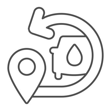 Posta arabası ve ok ile konum haritası simgesi ince çizgi simgesi, araba yıkama konsepti, beyaz arka planda araba yıkama sembolü olan harita işaretçisi, araba yıkama ikonu taslak tarzı. Vektör grafikleri.