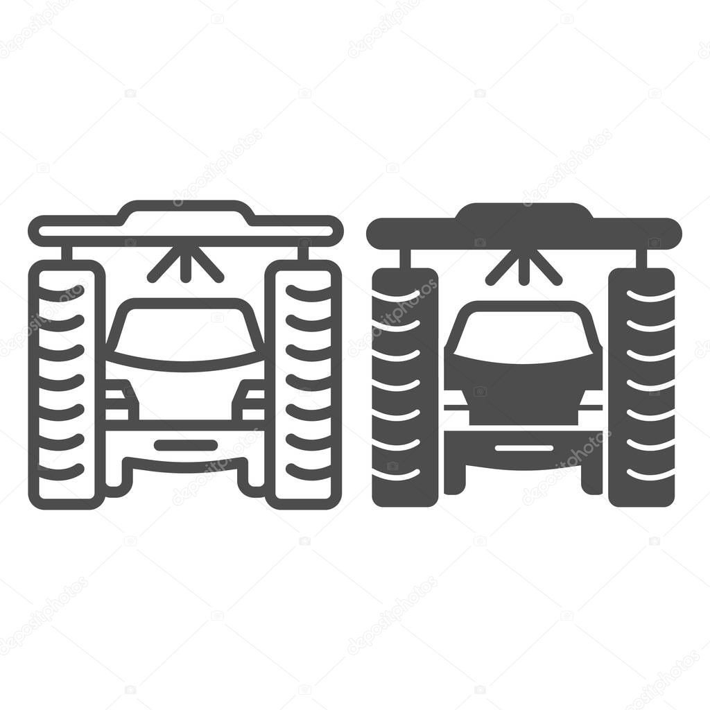 Process of washing car in tunnel car wash line and solid icon, car washing concept, Vehicle pressure wash blasters sign on white background, Carwash tunnel system icon outline style. Vector graphics.