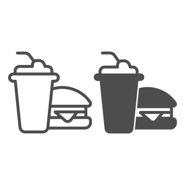 Bicchiere di cola e hamburger linea e icona solida, concetto di bowling, segno Fast food su sfondo bianco, Burger con icona soft drink in stile contorno per il concetto di mobile e web design. Grafica vettoriale. — Vettoriale Stock