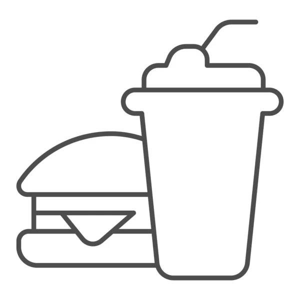 Copo de cola e hambúrguer ícone linha fina, conceito de boliche, sinal de comida rápida no fundo branco, Burger com ícone de refrigerante no estilo esboço para o conceito móvel e web design. Gráficos vetoriais. — Vetor de Stock