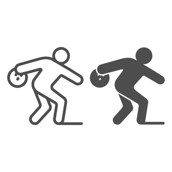 ボウリングボールラインと固体アイコン、ボウリングのコンセプト、白い背景にボウリング選手のサインを投げる男は、モバイルコンセプトとウェブデザインのアウトラインスタイルでボールアイコンをスローします。ベクトルグラフィックス. — ストックベクタ