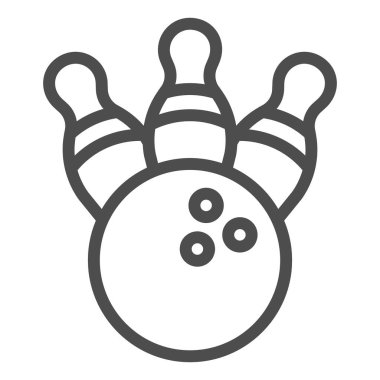 Üç lobut ve bowling topu ikonu, bovling konsepti, beyaz arka planda bovling oyunu tabelası, mobil konsept ve web tasarımı için ana hatlı Skittles ve top ikonu. Vektör grafikleri.