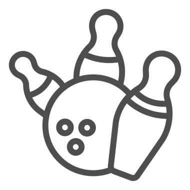 Skittles ve bowling sahası ikonu, bovling konsepti, arka planda grev işareti, düşen lobutlar ve bowling topu ikonu mobil ve web tasarımı için tasarım tarzında. Vektör grafikleri.