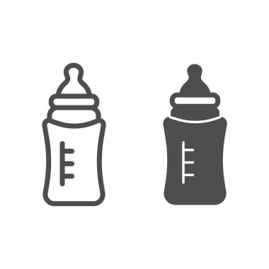 Meme ucu çizgisi olan bir şişe süt ve katı ikon, süt ürünleri konsepti, beyaz arka planda Bebek Şişe tabelası, mobil konsept ve web tasarımı için ana hatlı şişe ikonu. Vektör grafikleri.