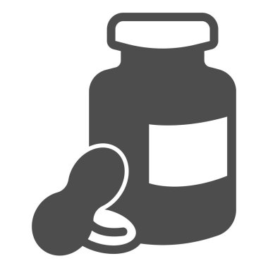 Fıstık Ezmesi Katı İkonu, süt ürünleri konsepti, beyaz arka planda fıstık şişesi tabelası, mobil ve internet için kabartma şeklinde fıstık ezmesi ve fıstık ezmesi ikonu. Vektör grafikleri.