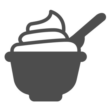 Kaşık katı ikonlu ekşi krema tabağı, süt ürünleri konsepti, beyaz zeminli krema tabağı, mobil ve web için kaşık ikonlu yoğurt. Vektör grafikleri.