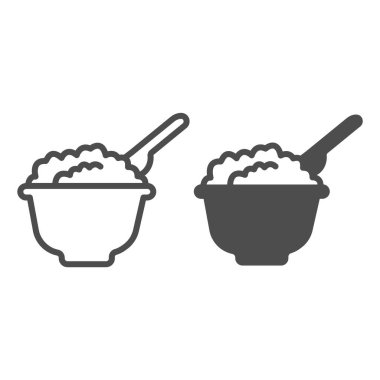 Peynir çizgisi ve katı ikon, süt ürünleri konsepti, beyaz arka planda süt ürünleri tabelası, taşınabilir konsept ve web tasarımı için kaşık ikonlu tabakta peynir. Vektör grafikleri.