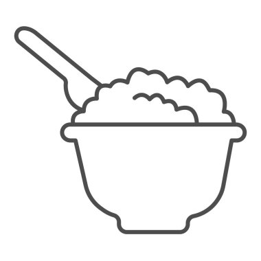 Peynir ince çizgi ikonu, süt ürünleri konsepti, beyaz arka planda süt ürünü tabelası, gezici konsept ve web tasarımı için kaşık ikonu ile tabakta peynir. Vektör grafikleri.