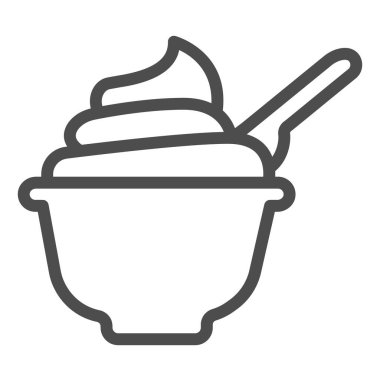 Kaşık çizgisi ikonlu ekşi krema tabağı, süt ürünleri konsepti, beyaz arka planda krema tabelası olan tabak, mobil ve web için kaşık ikonlu yoğurt. Vektör grafikleri.