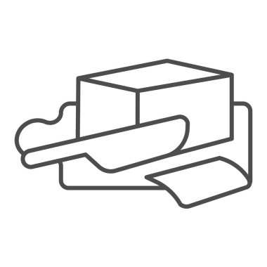 Tereyağlı dilimlenmiş bıçak ince çizgi ikonu, süt ürünleri konsepti, beyaz arka planda Margarin paketi tabelası, mobil için taslak şeklinde tereyağı. Vektör grafikleri.