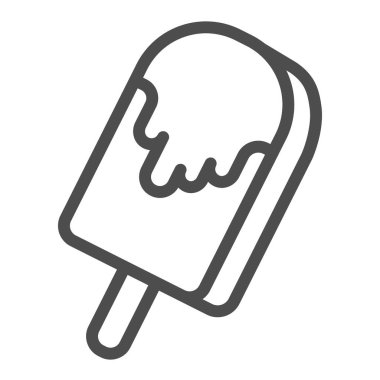 Çubuk çizgisi ikonunda dondurma, süt ürünleri konsepti, beyaz arka planda çikolatalı dondurma tabelası, mobil ve web tasarımı için ana hatlarda eriyen dondurma ikonu. Vektör grafikleri.