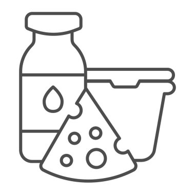 Peynirli ekşi krema ambalajı ve ince süt çizgisi ikonu, süt ürünleri konsepti, beyaz arka planda süt ürünleri tabelası, mobil ve internet için ana hatlı mandıra simgesi. Vektör grafikleri.